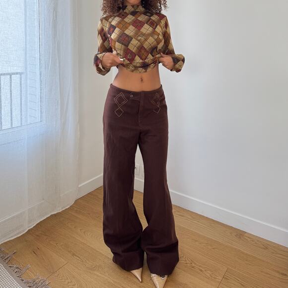 Vintage Italian chocolate brown wide-leg trousers with embroidered details (S/M) - Picture 2 of 10